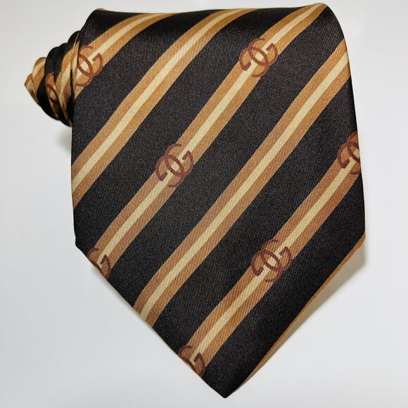 Vintage-New Cond. GUCCI Genuine Brown Silk Tie w Tan Stripes, Logos 56x4.25” - Picture 1 of 10